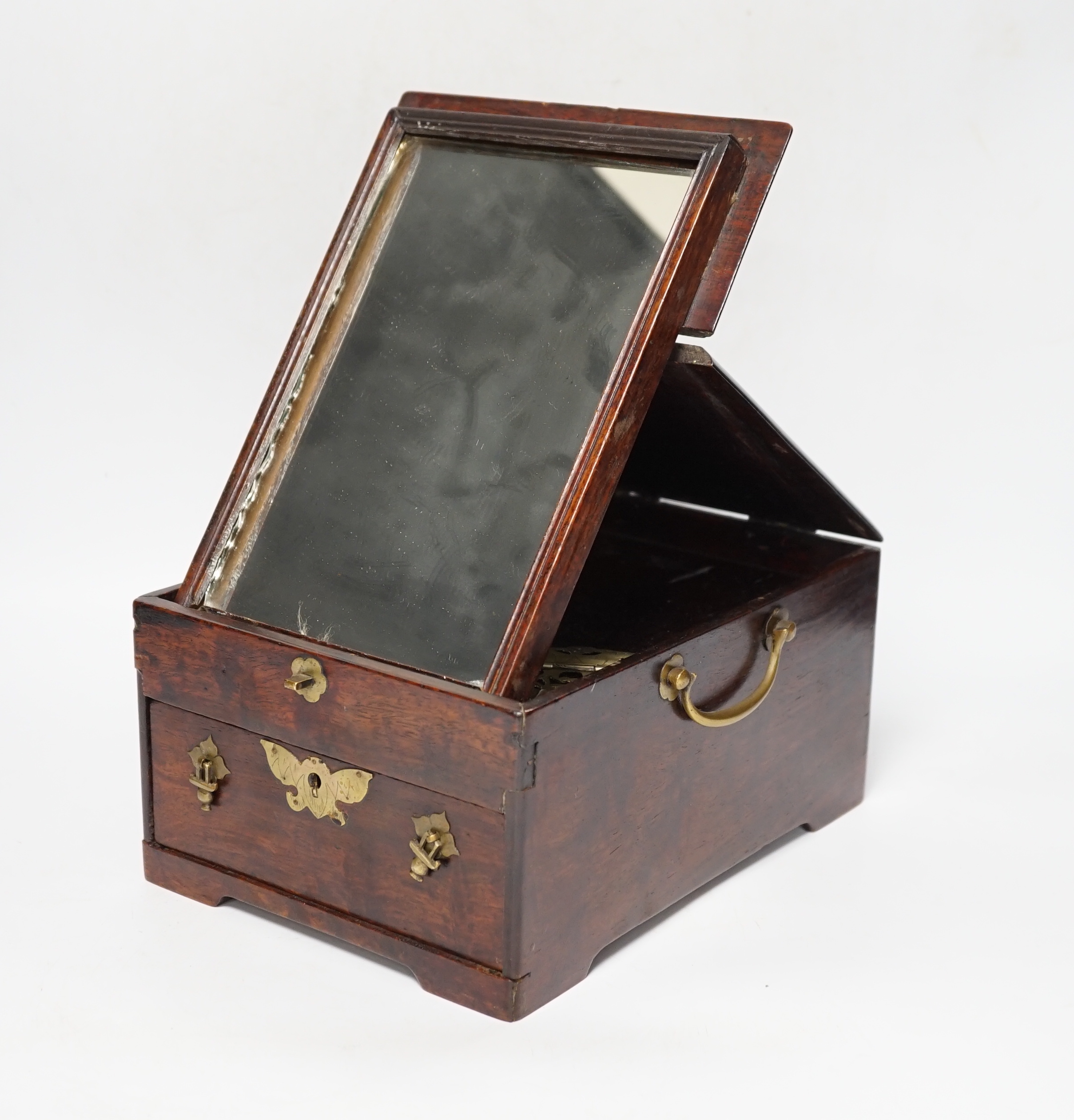 A Chinese brass mounted two-handled hardwood dressing table box. 24 x 18 x 12cm